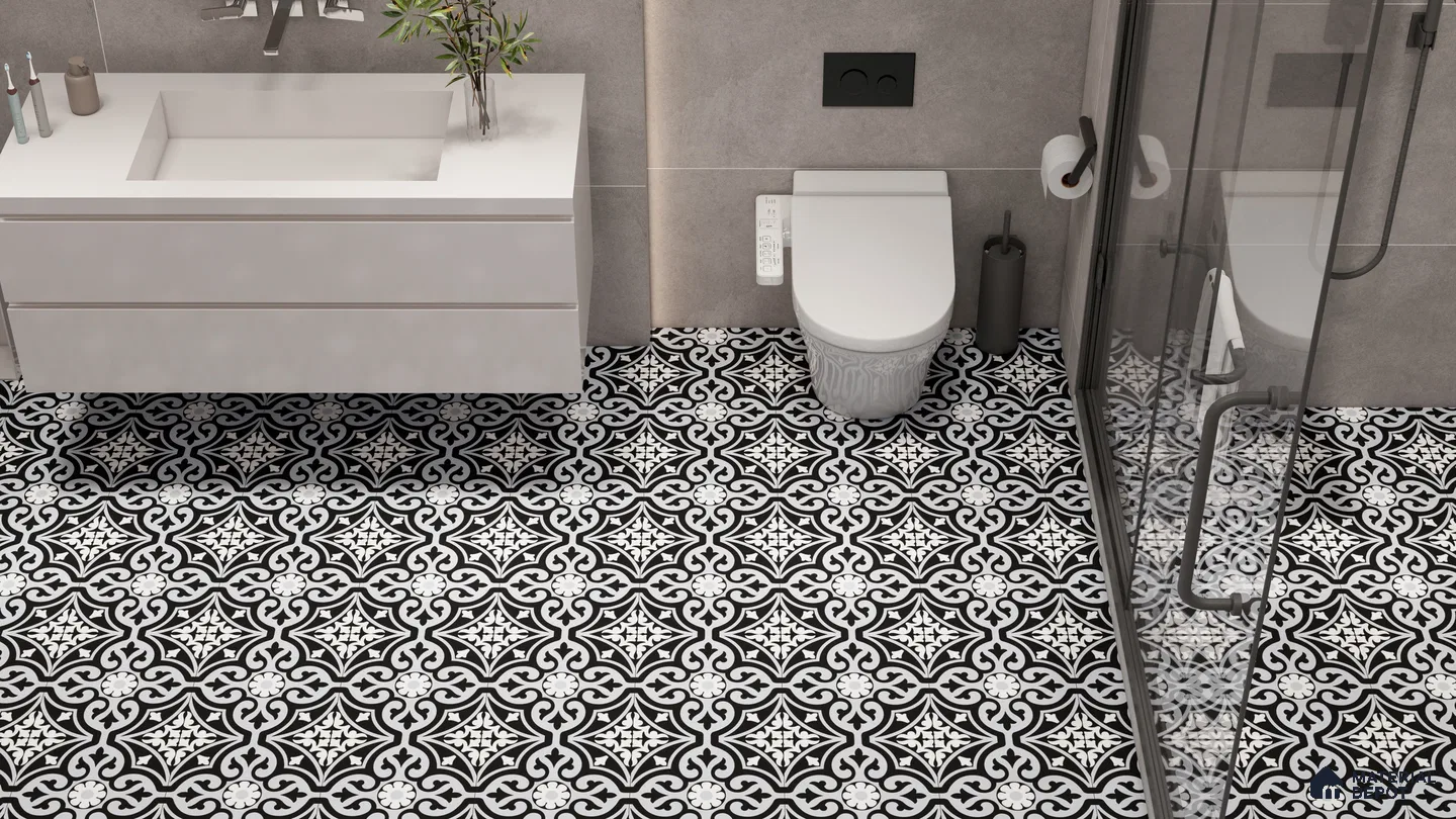 Classic Elegance Bathroom with Black and White Moroccan Floor Tiles | Material Depot