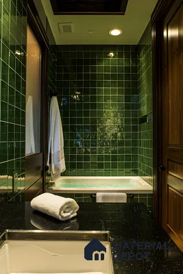 Classic Elegance in a Jade Green Tiled Bathroom with Rich Wooden Accents | Material Depot