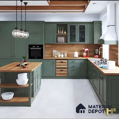 Classic Green Kitchen With Wood Accents And Island Storage | Material Depot