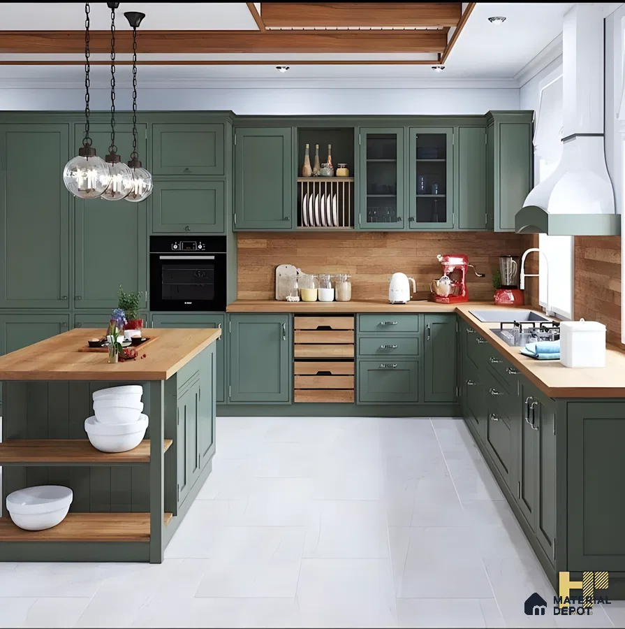 Classic Green Kitchen With Wood Accents And Island Storage | Material Depot
