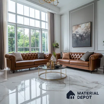 Classic Living Room with Leather Sofas and Large Windows | Material Depot