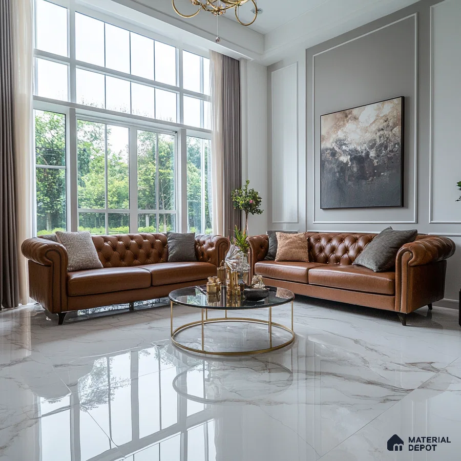 Classic Living Room with Leather Sofas and Large Windows | Material Depot