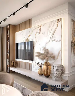 Classic Luxe: Marble Accent Tv Wall With Sculptural Decor And Warm Lighting | Material Depot