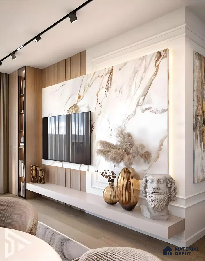 Classic Luxe: Marble Accent Tv Wall With Sculptural Decor And Warm Lighting | Material Depot
