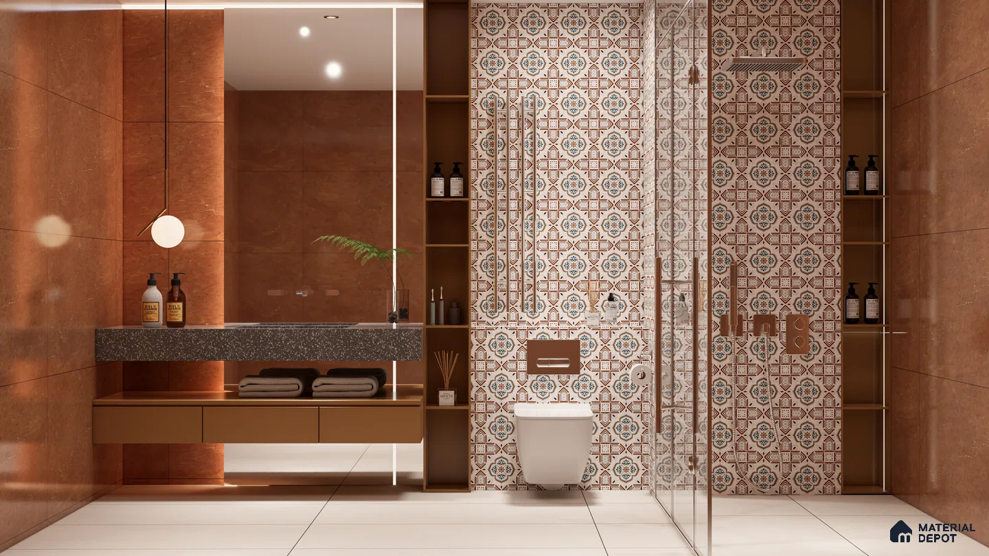 Classic Motif Bathroom with Terracotta and Blue Patterned Tiles | Material Depot