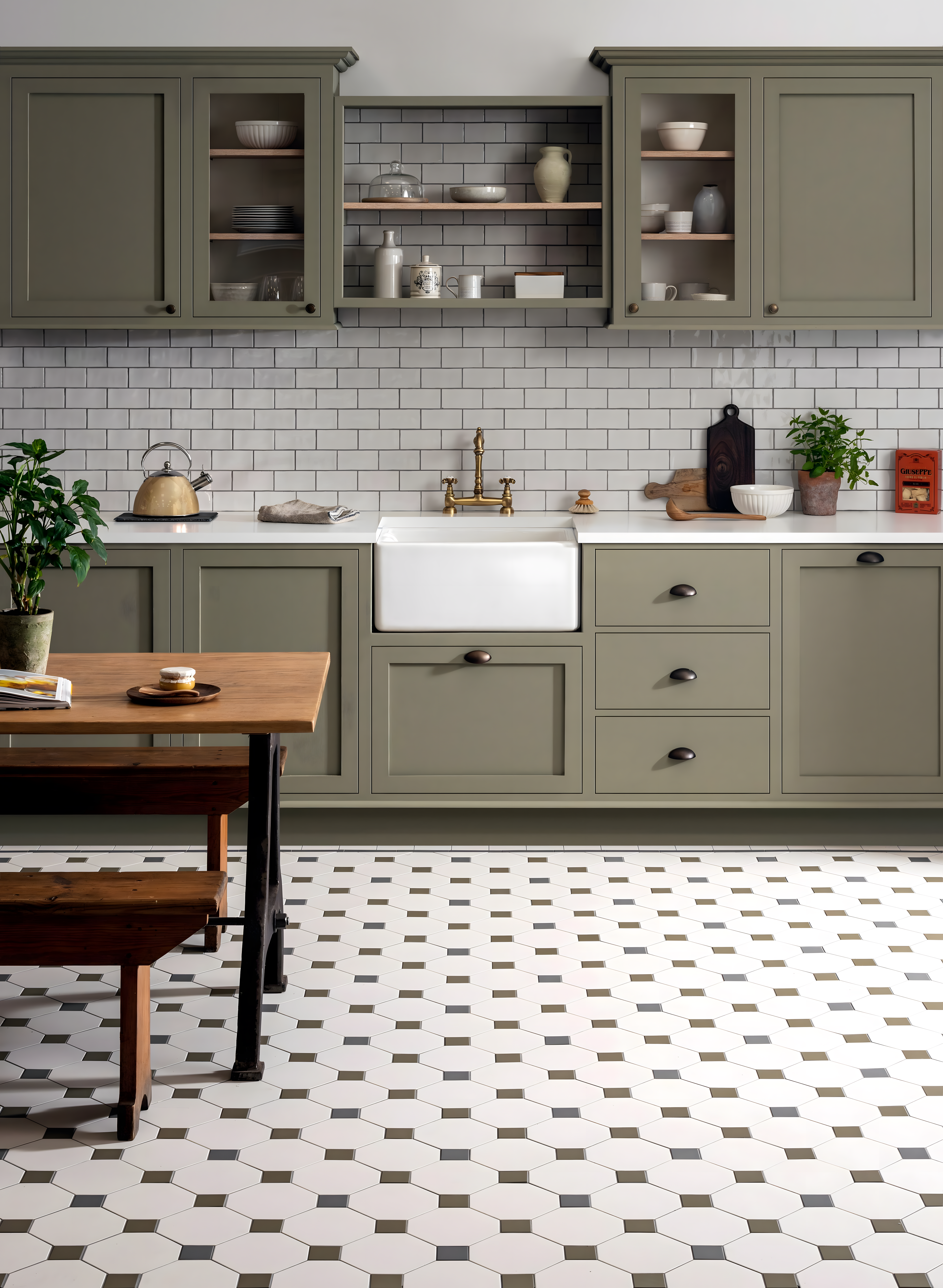 Classic Olive Green Kitchen With Farmhouse Sink And Subway Tile Backsplash | Material Depot