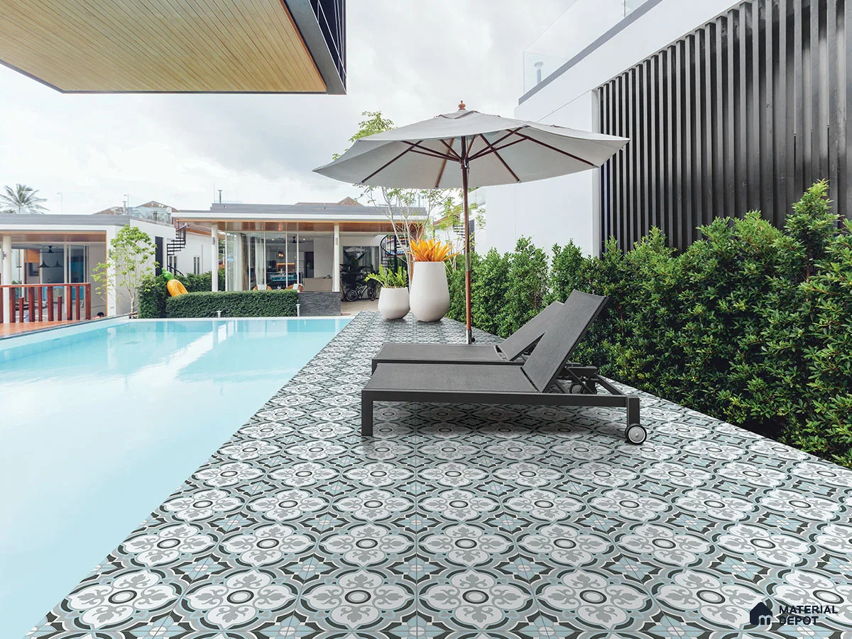 Classic Patterned Outdoor Tiles for a Luxurious Poolside Retreat | Material Depot