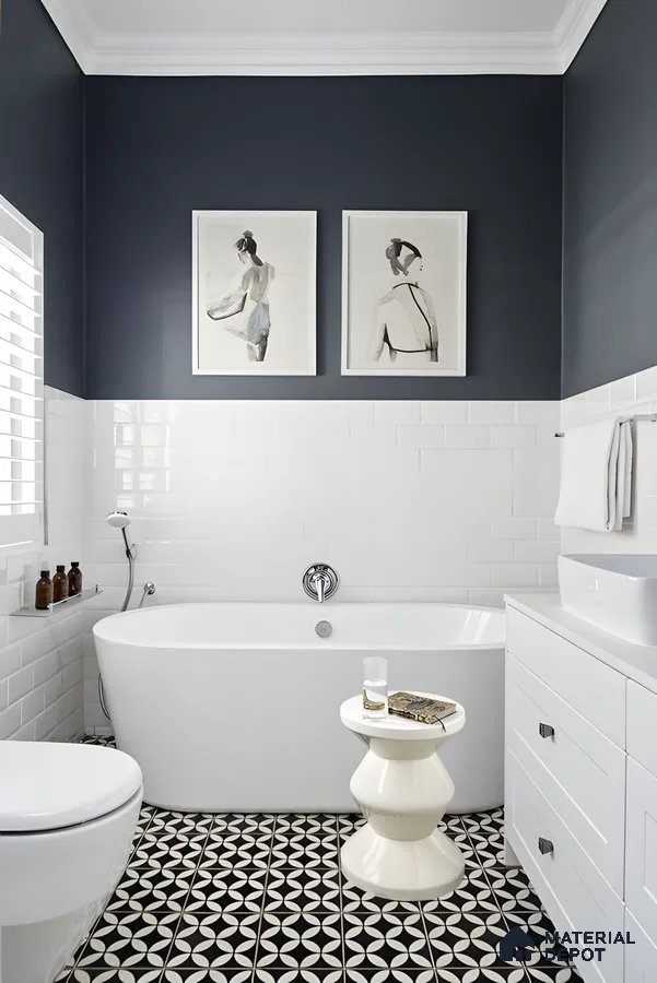 Classic White Subway Tiles with Bold Geometric Flooring | Material Depot