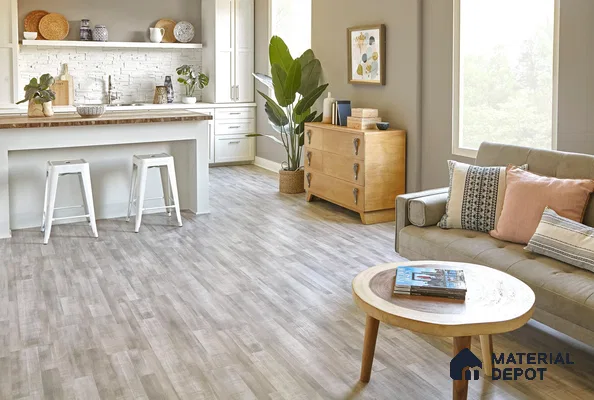 Living room with marble tile floor and patterned stone tiles