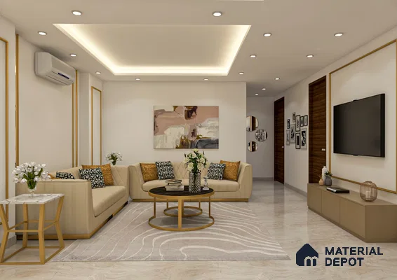 Living room with beige marble floor tiles and light brown laminate cabinets