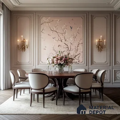 Classical Elegance: Dining Room with Floral Accents and Ornate Gold Fixtures | Material Depot