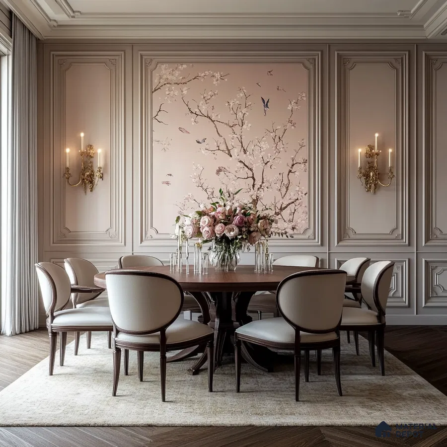 Classical Elegance: Dining Room with Floral Accents and Ornate Gold Fixtures | Material Depot
