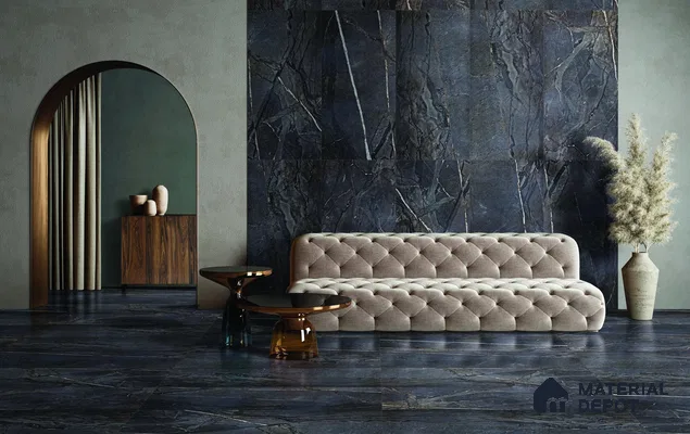 Living room black marble tiles