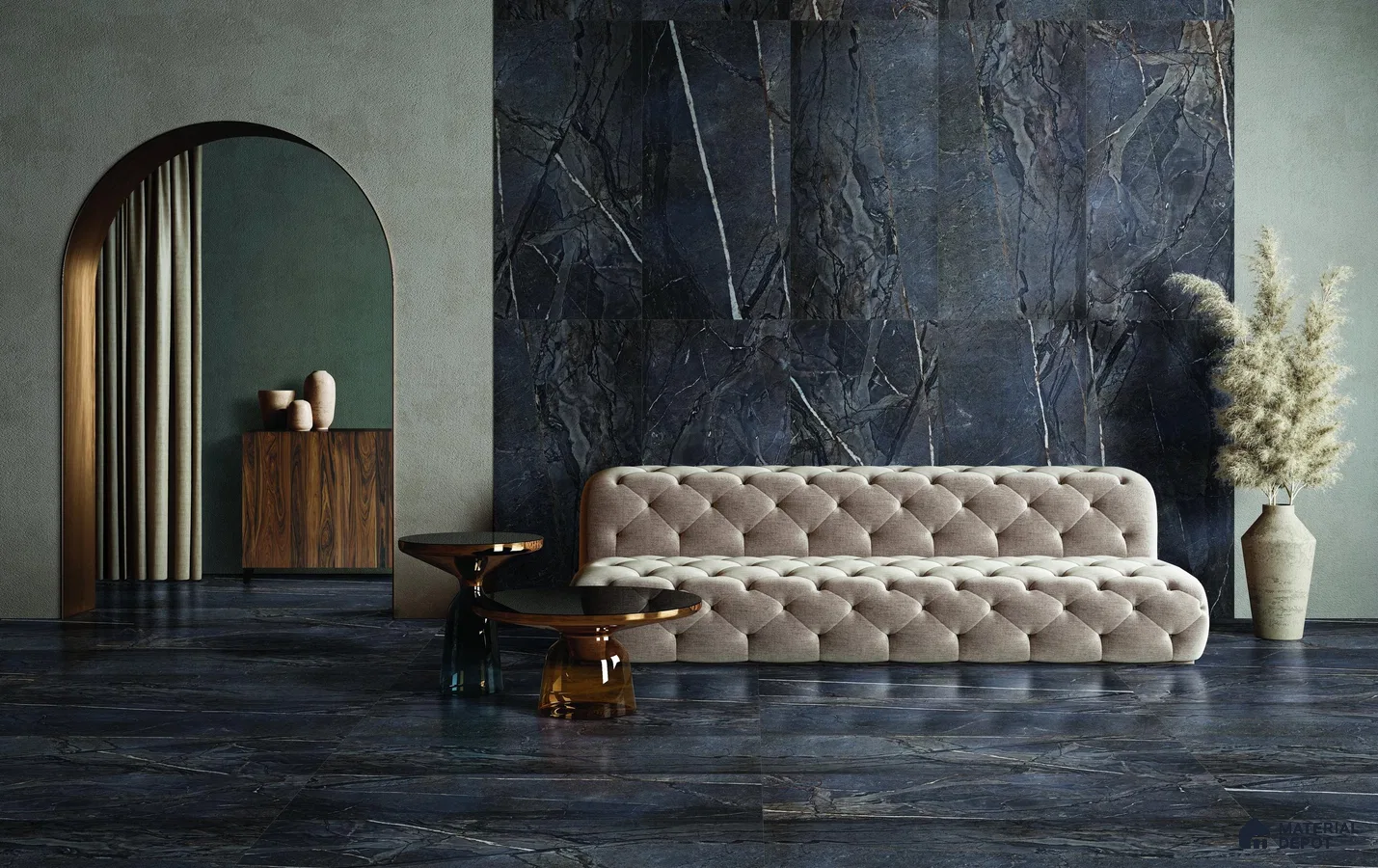 Living room black marble tiles