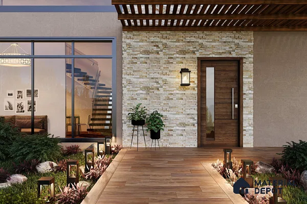 Outdoor area with patterned stone tiles and wooden floor