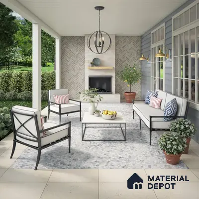 Outdoor space with marble floor tiles