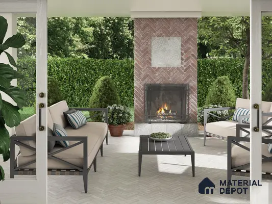Outdoor space with patterned tiles and louvers