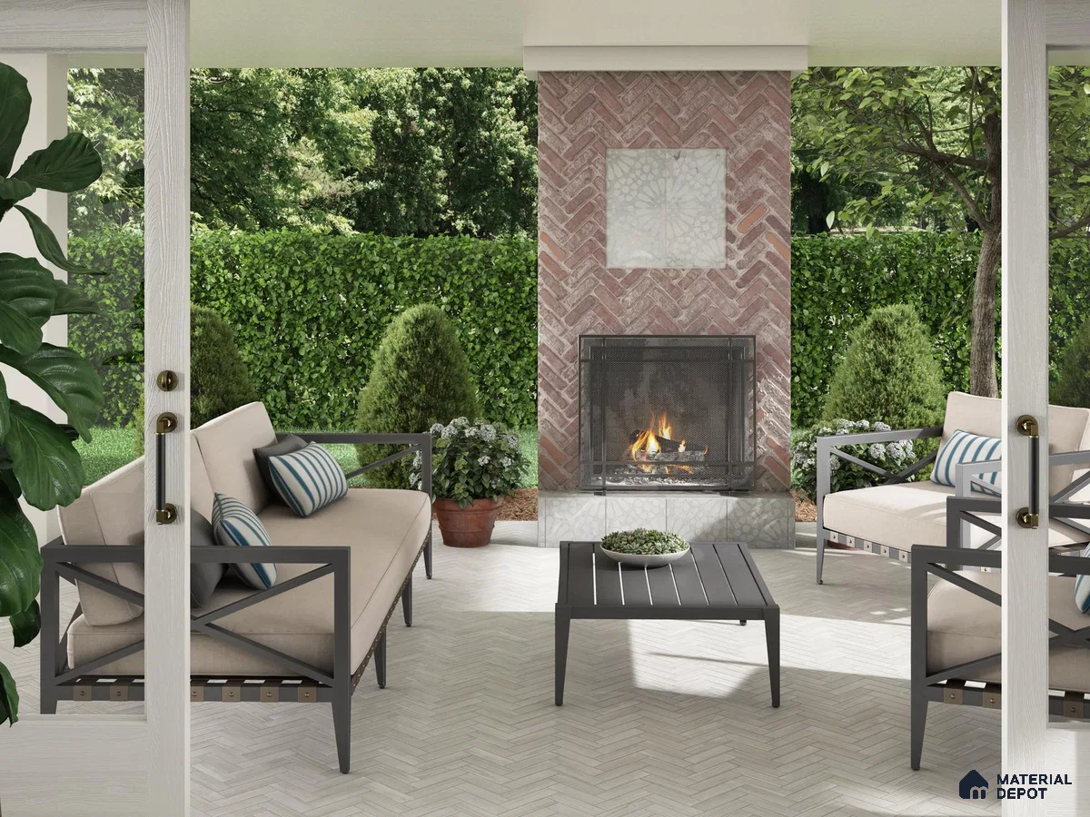 Outdoor space with patterned tiles and louvers