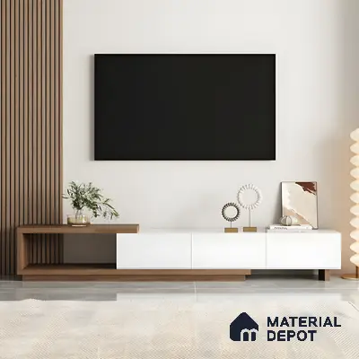 Clean Minimalist Tv Unit With White Cabinets And Wooden Fluted Accent Wall | Material Depot