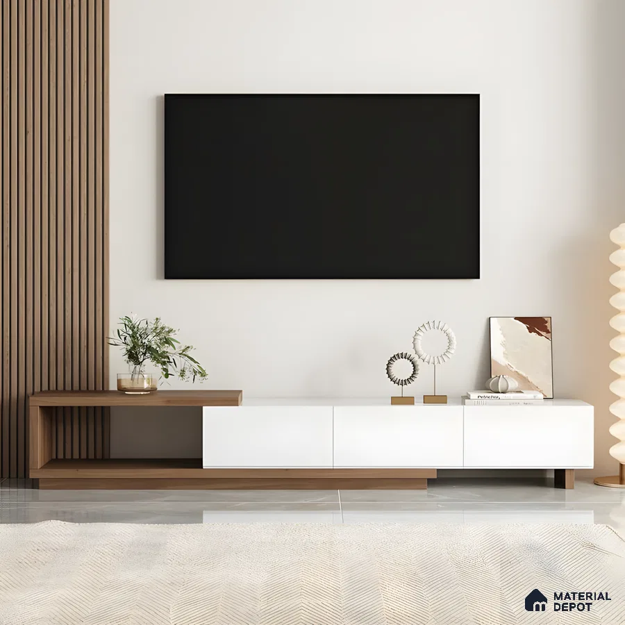 Clean Minimalist Tv Unit With White Cabinets And Wooden Fluted Accent Wall | Material Depot