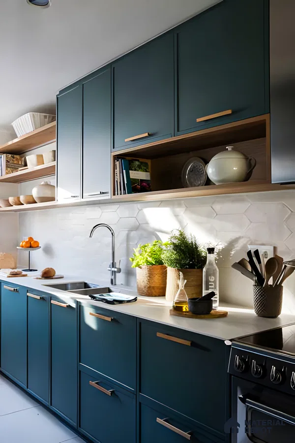 Coastal Charm: Teal Cabinets and Hexagonal Tiles Blend in a Refreshing Kitchen Design | Material Depot