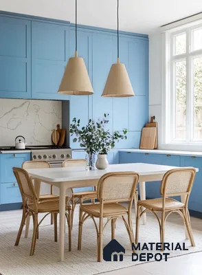 Dark Blue Modern Kitchen with Wooden Cabinets and Patterned Flooring | Material Depot