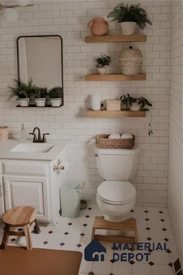 Coastal-Inspired Small Bohemian Bathroom With Light Wood Shelves And White Tiles | Material Depot