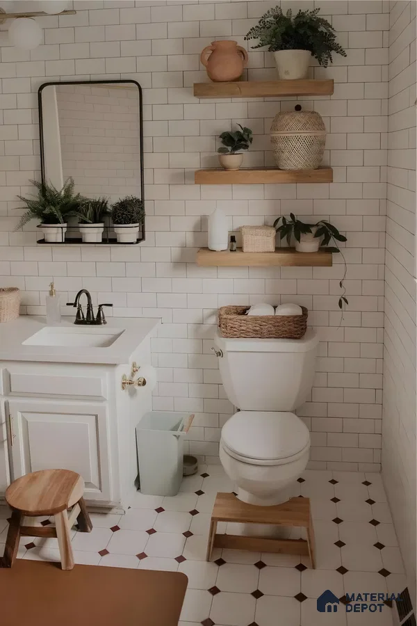 Coastal-Inspired Small Bohemian Bathroom With Light Wood Shelves And White Tiles | Material Depot