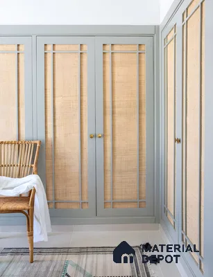 Coastal-Inspired Wardrobe With Powder Blue Frames And Natural Woven Jute Panels | Material Depot