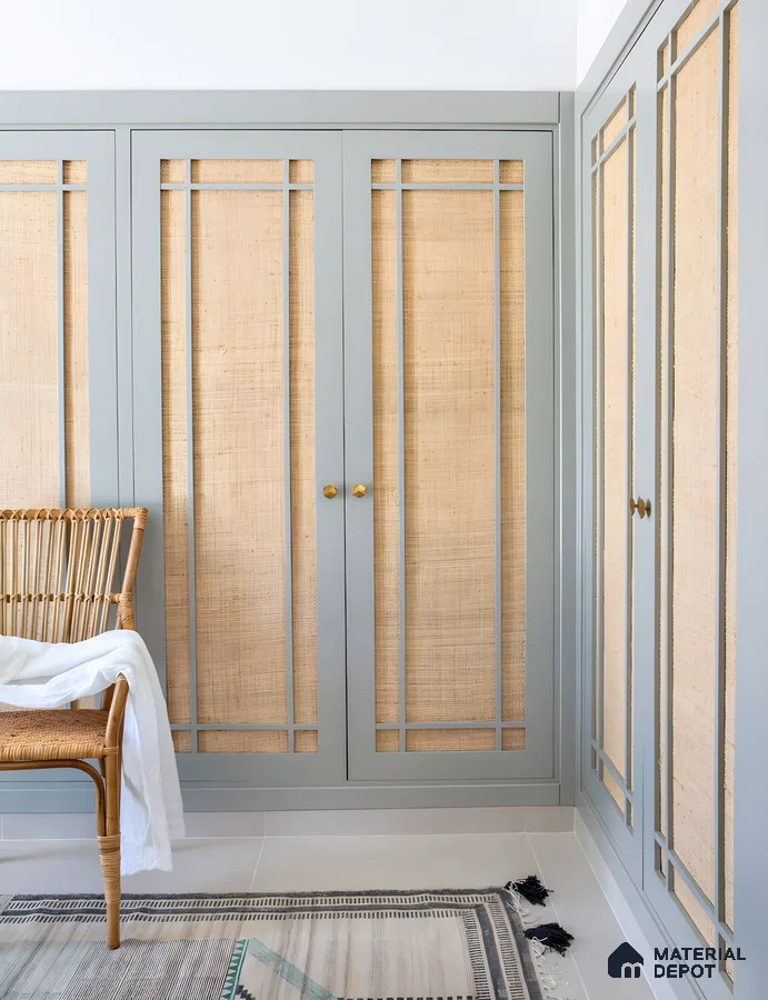 Coastal-Inspired Wardrobe With Powder Blue Frames And Natural Woven Jute Panels | Material Depot