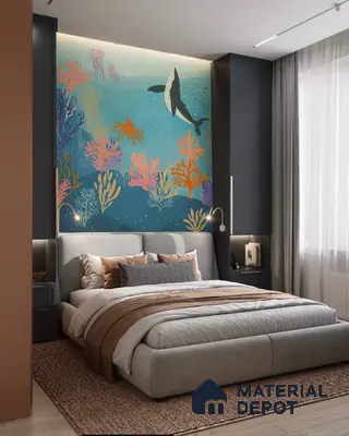 Coastal Style Bedroom with Whale Wallpaper, Textured Rug & Fabric Bed Frame | Material Depot