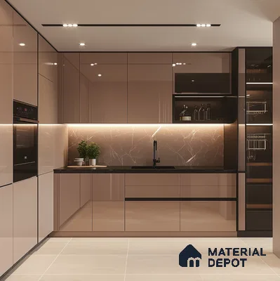 Compact Beige Glossy Kitchen with Marble Backsplash and Glass Cabinets | Material Depot