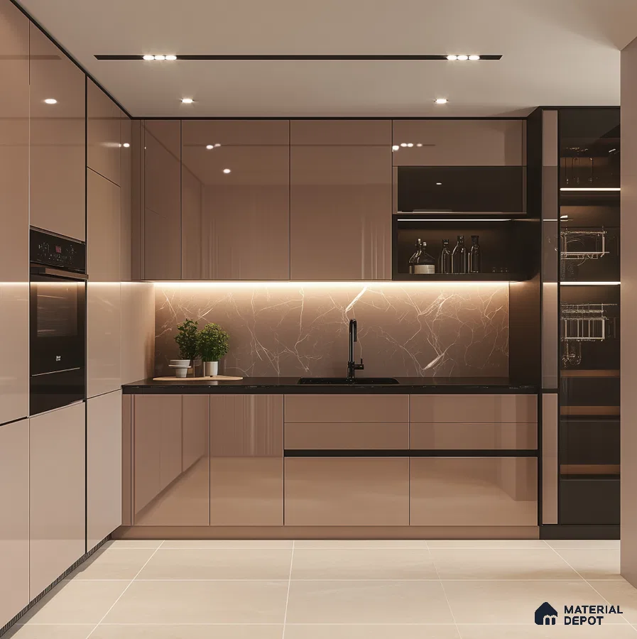 Compact Beige Glossy Kitchen with Marble Backsplash and Glass Cabinets | Material Depot