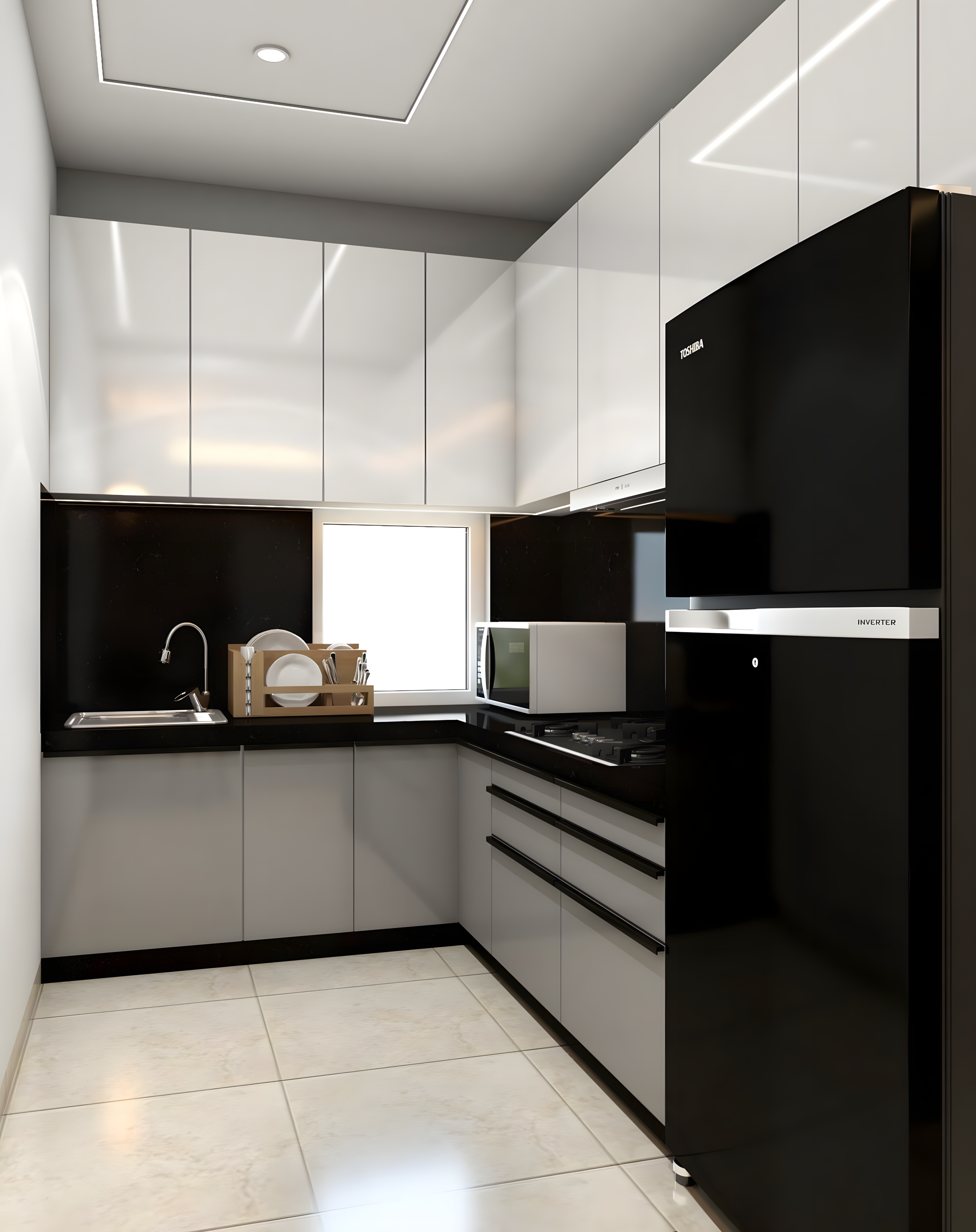 Compact Black & White Modular Kitchen With Minimalist Elegance | Material Depot