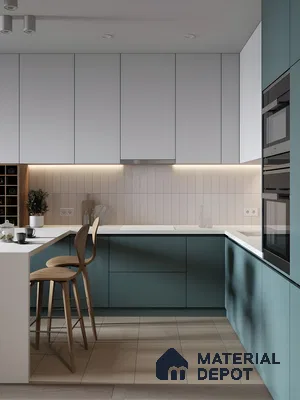 Compact Elegant Kitchen Design In Teal And White | Material Depot