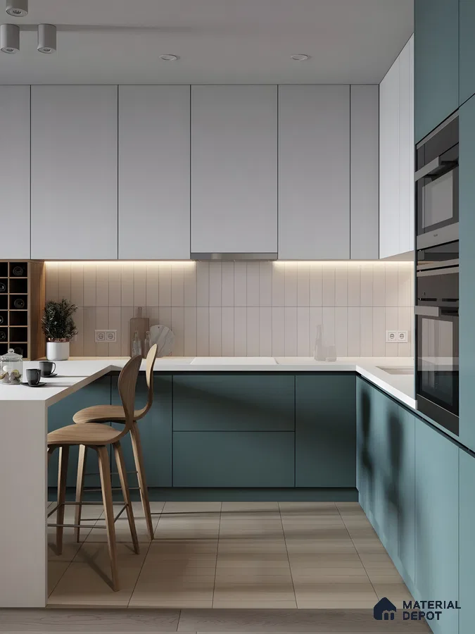 Compact Elegant Kitchen Design In Teal And White | Material Depot
