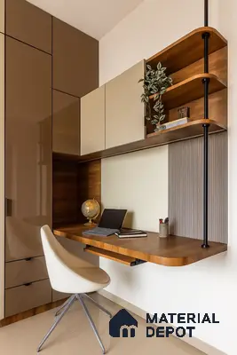Compact Home Office Nook with Floating Wooden Desk, Glossy Storage Cabinets, Open Shelving & Neutral Modern Styling in Prestige Royal Garden Doddaballapur | Material Depot