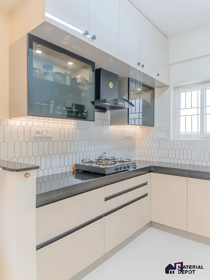 Compact L-Shaped Kitchen With Glossy Laminate Finish And Scallop Tile Backsplash | Material Depot