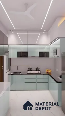 Compact L-Shaped Modular Kitchen With Aqua Gloss Cabinets And Sleek Black Countertop | Material Depot