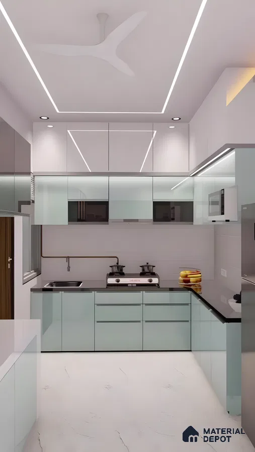 Compact L-Shaped Modular Kitchen With Aqua Gloss Cabinets And Sleek Black Countertop | Material Depot