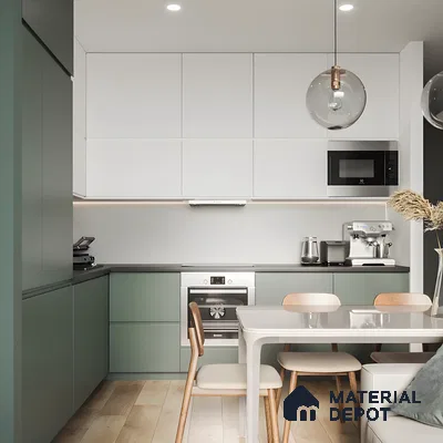 Compact Modern Kitchen Design In Green And White | Material Depot