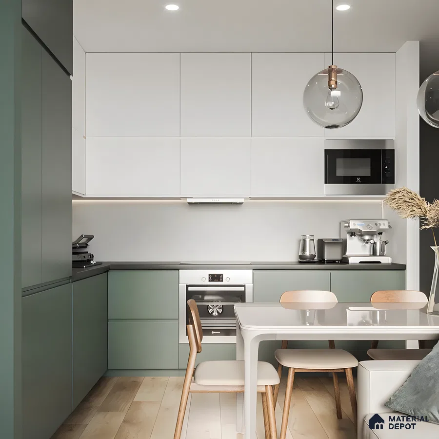 Compact Modern Kitchen Design In Green And White | Material Depot