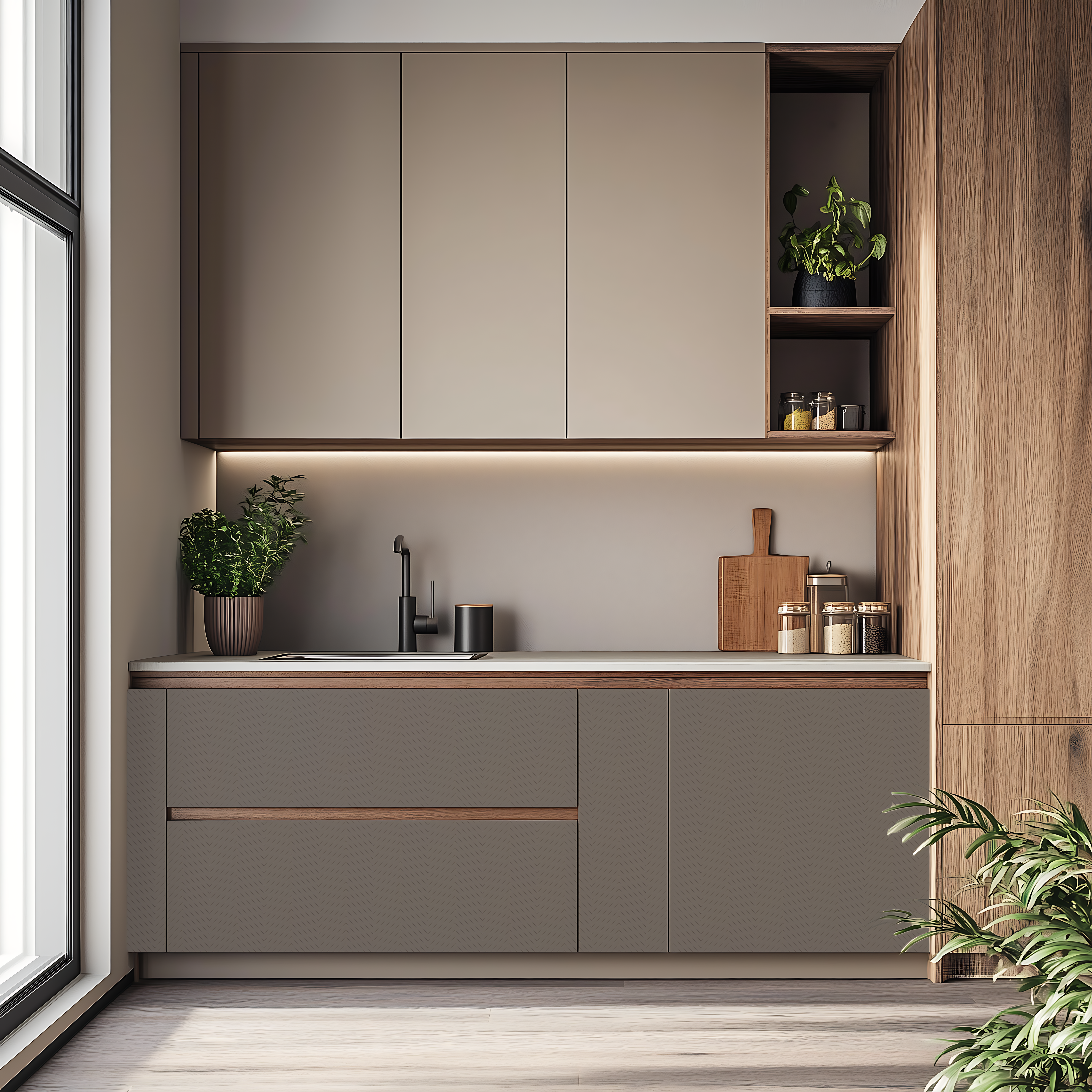 Compact Modern Kitchen with Taupe Cabinets and Wooden Accents | Material Depot