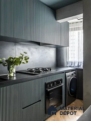 Compact Modern Kitchen with Fluted Cabinetry and Dark Tones | Material Depot