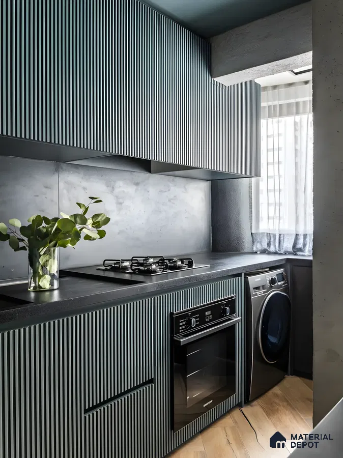 Compact Modern Kitchen with Fluted Cabinetry and Dark Tones | Material Depot