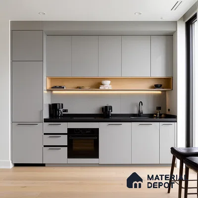 Two-Tone Modern Kitchen with Glossy Green and Sage Laminate Cabinets | Material Depot