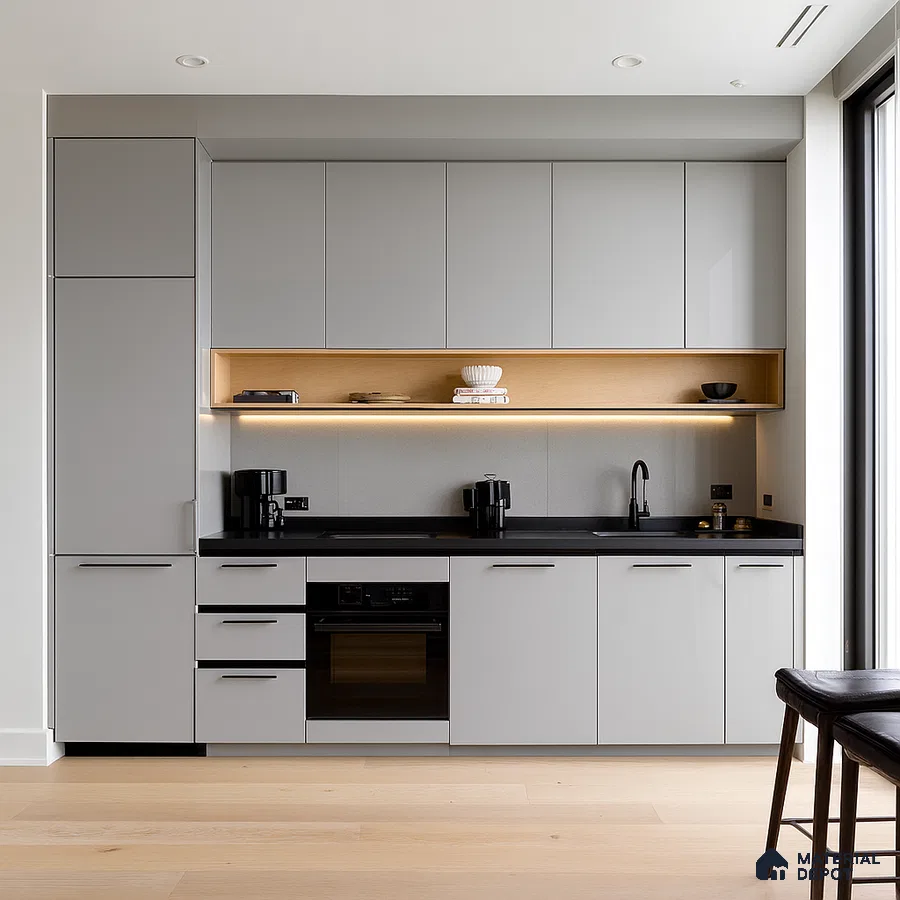 Two-Tone Modern Kitchen with Glossy Green and Sage Laminate Cabinets | Material Depot
