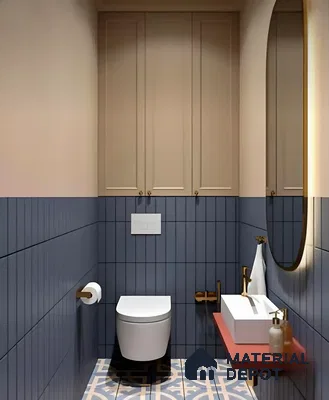 Compact Modern Powder Room with Bold Blue and Beige Tones | Material Depot