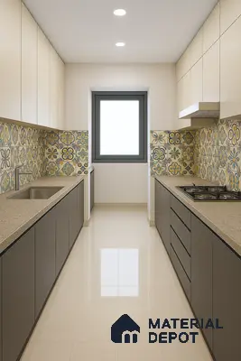Compact Parallel Kitchen with Moroccan Tile Backsplash and Matte-Finish Cabinets in 3 BHK Sattva Aspire, Hennur | Material Depot