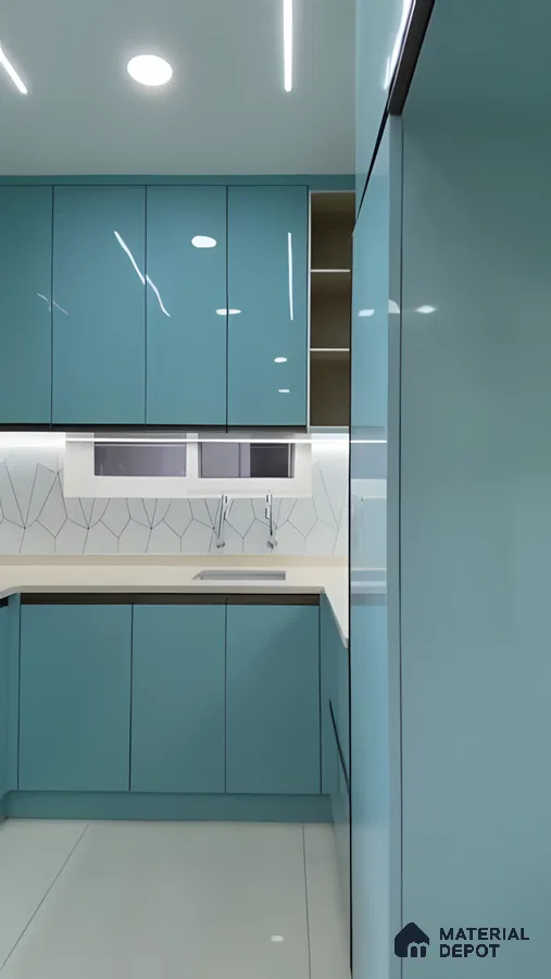 Compact U-Shaped Modular Kitchen With Glossy Blue Cabinets And Geometric Backsplash | Material Depot